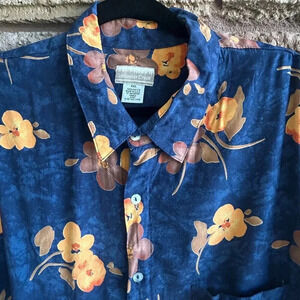 Men's Hawaiian Blue Orange Floral Relaxed Casual Shirt Size XXL